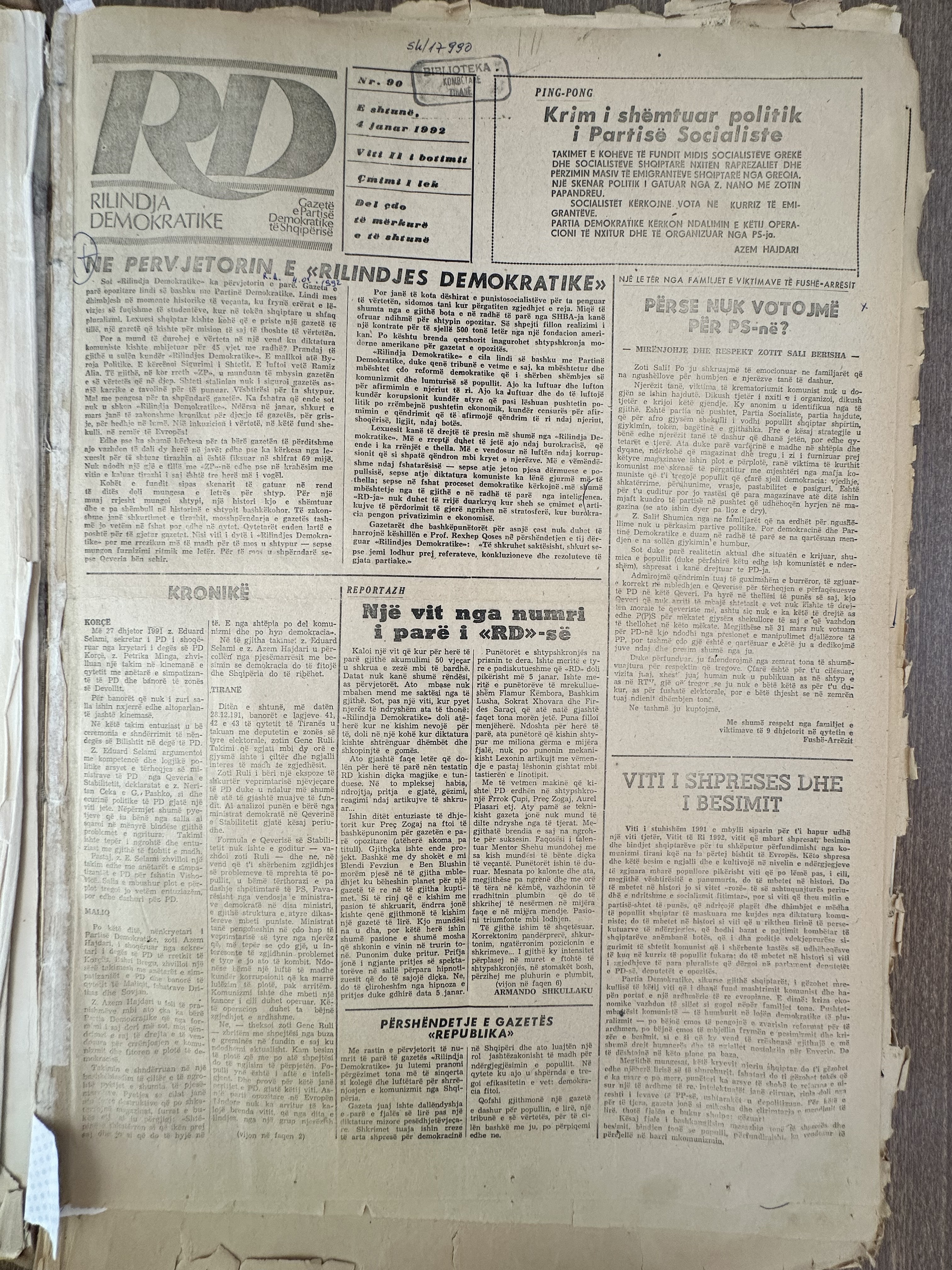 Rilindja Demokratike 1992-01-04