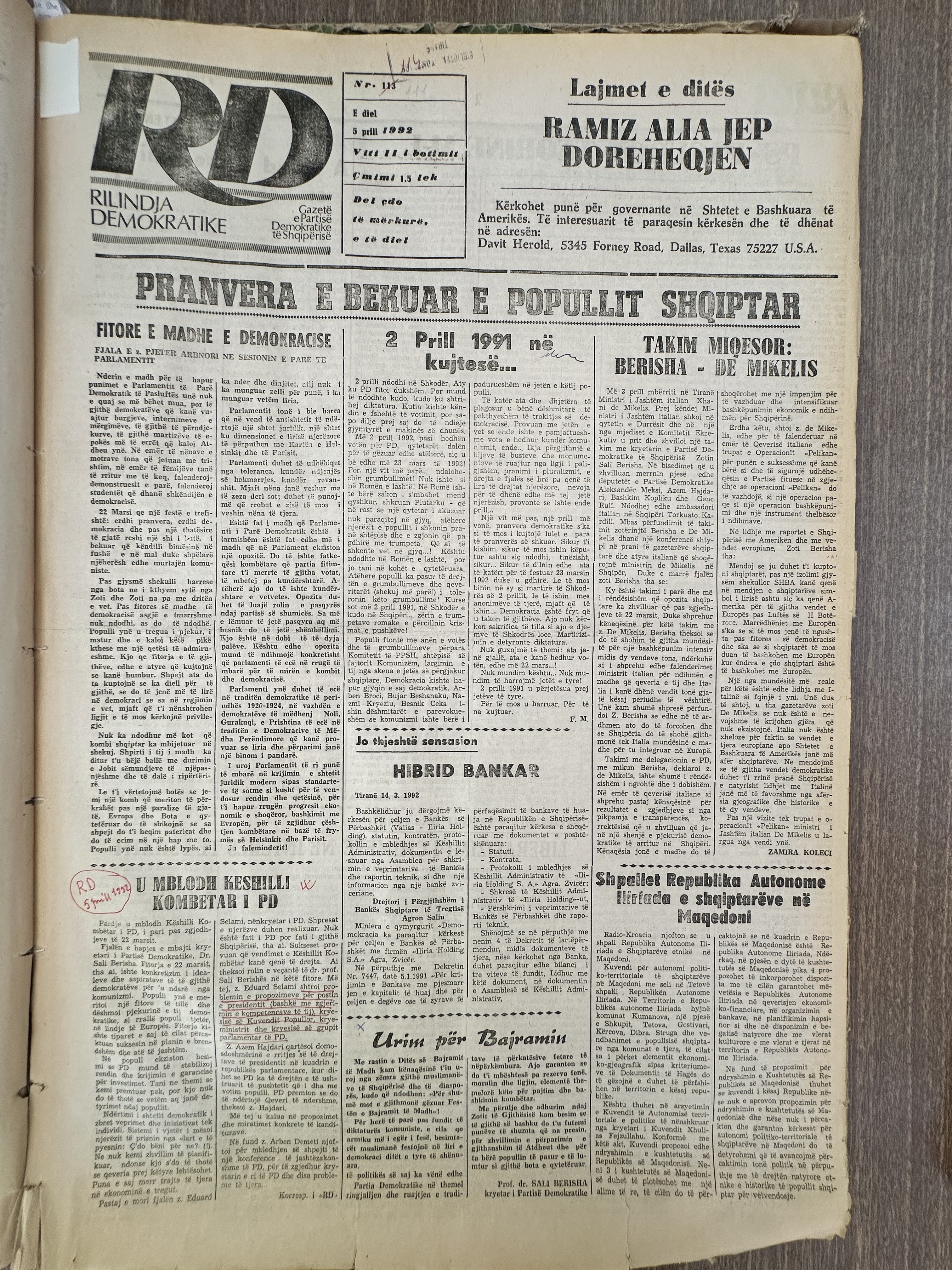 Rilindja Demokratike 1992-04-05