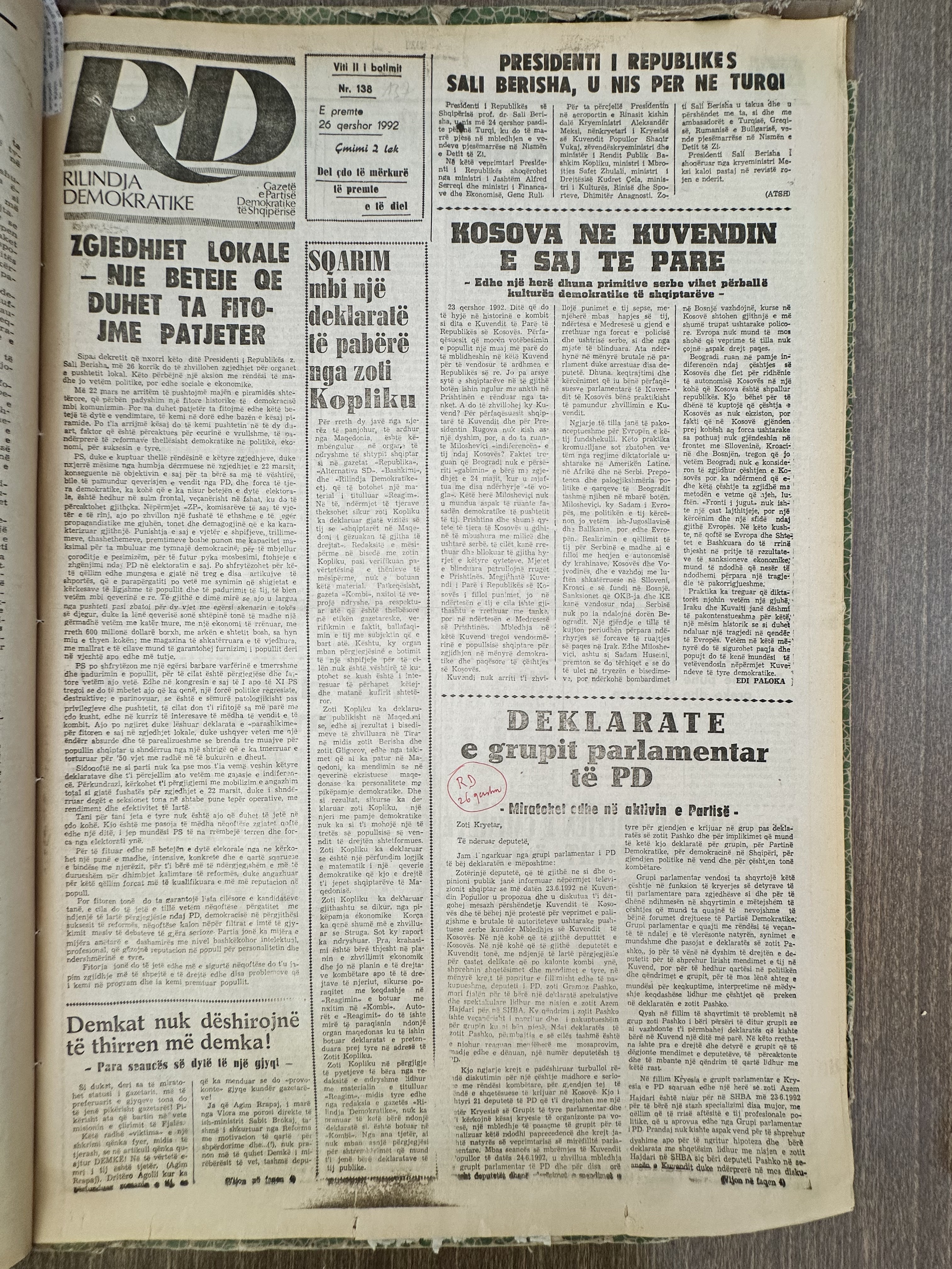 Rilindja Demokratike 1992-06-26
