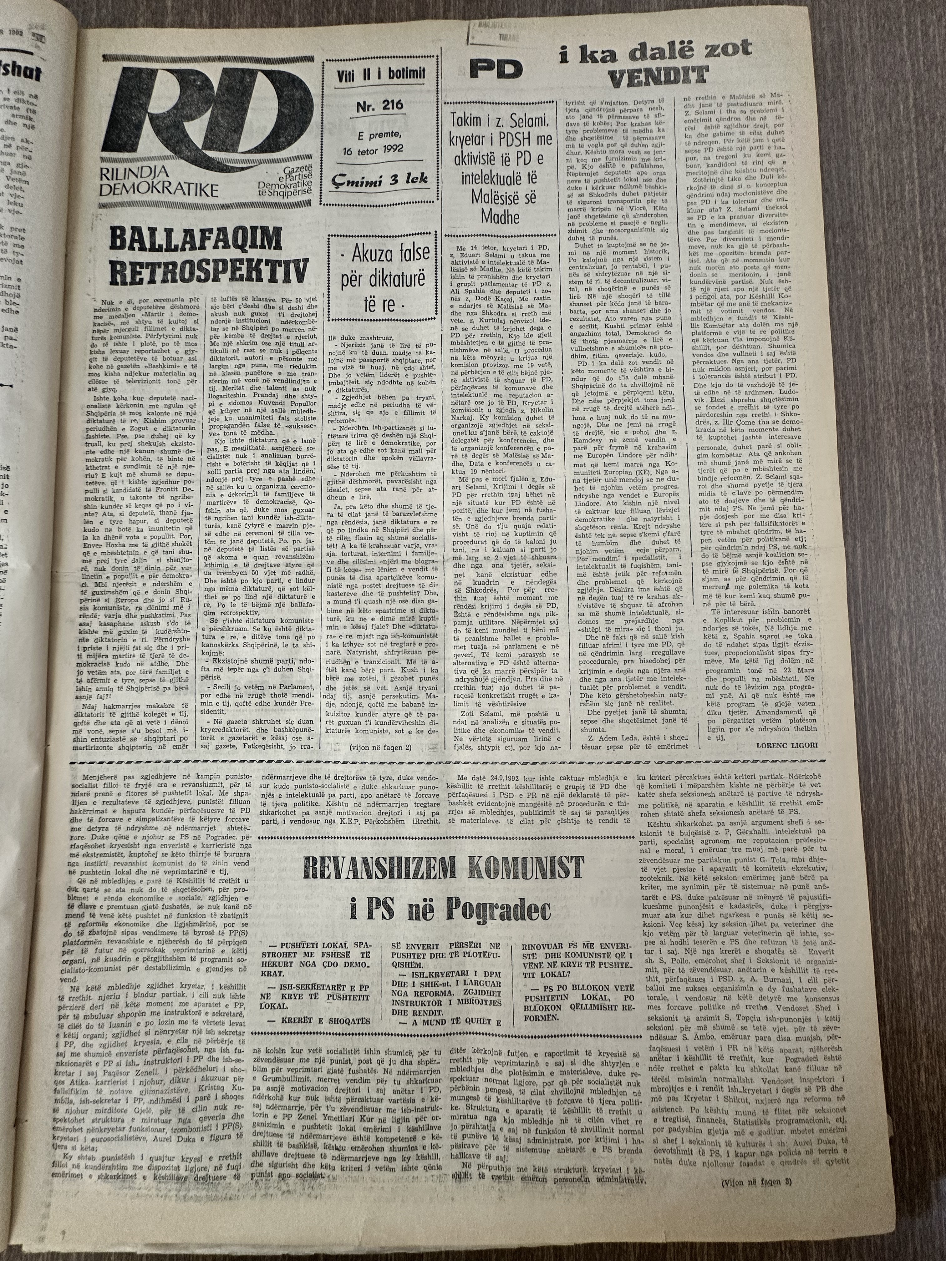 Rilindja Demokratike 1992-10-16