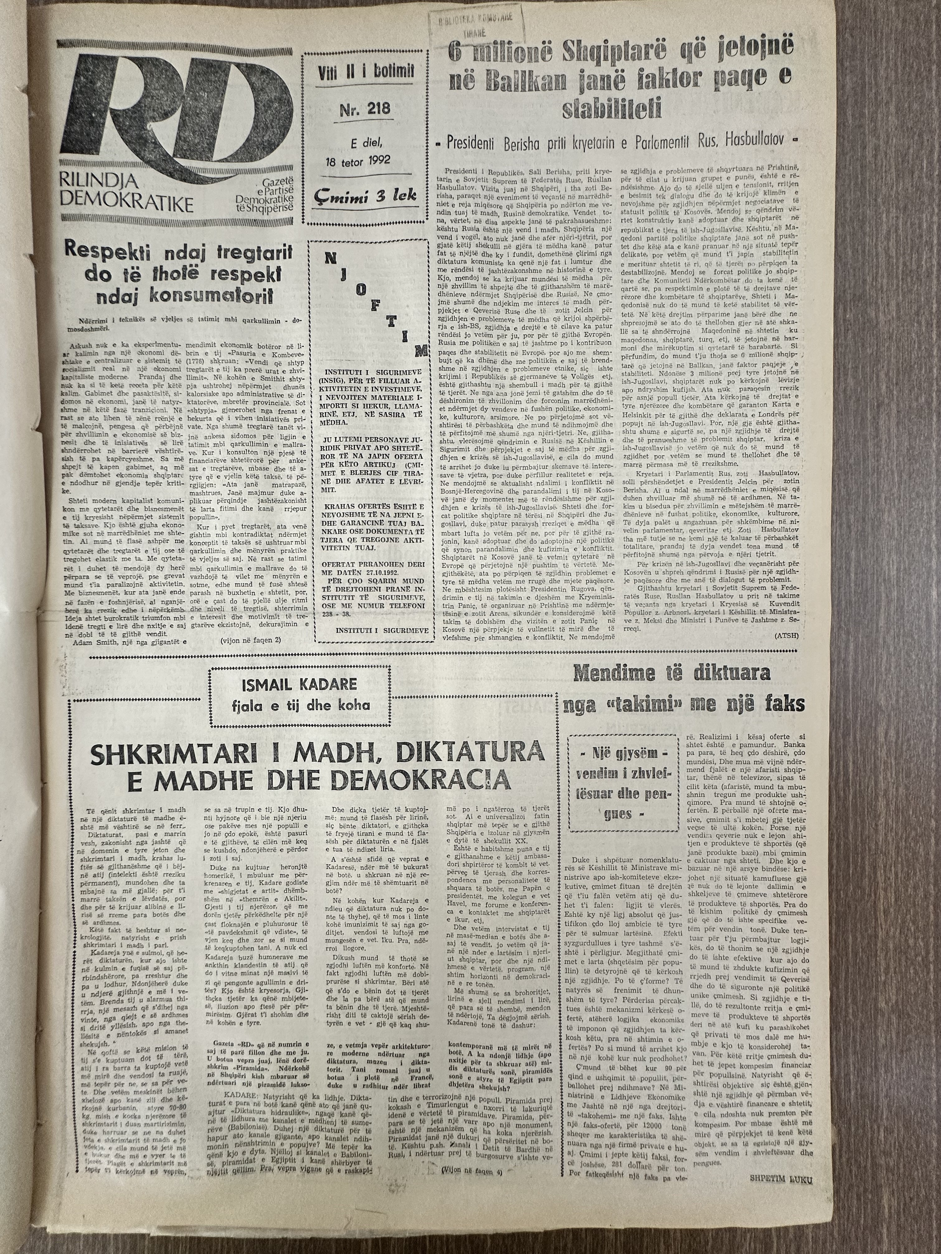 Rilindja Demokratike 1992-10-18