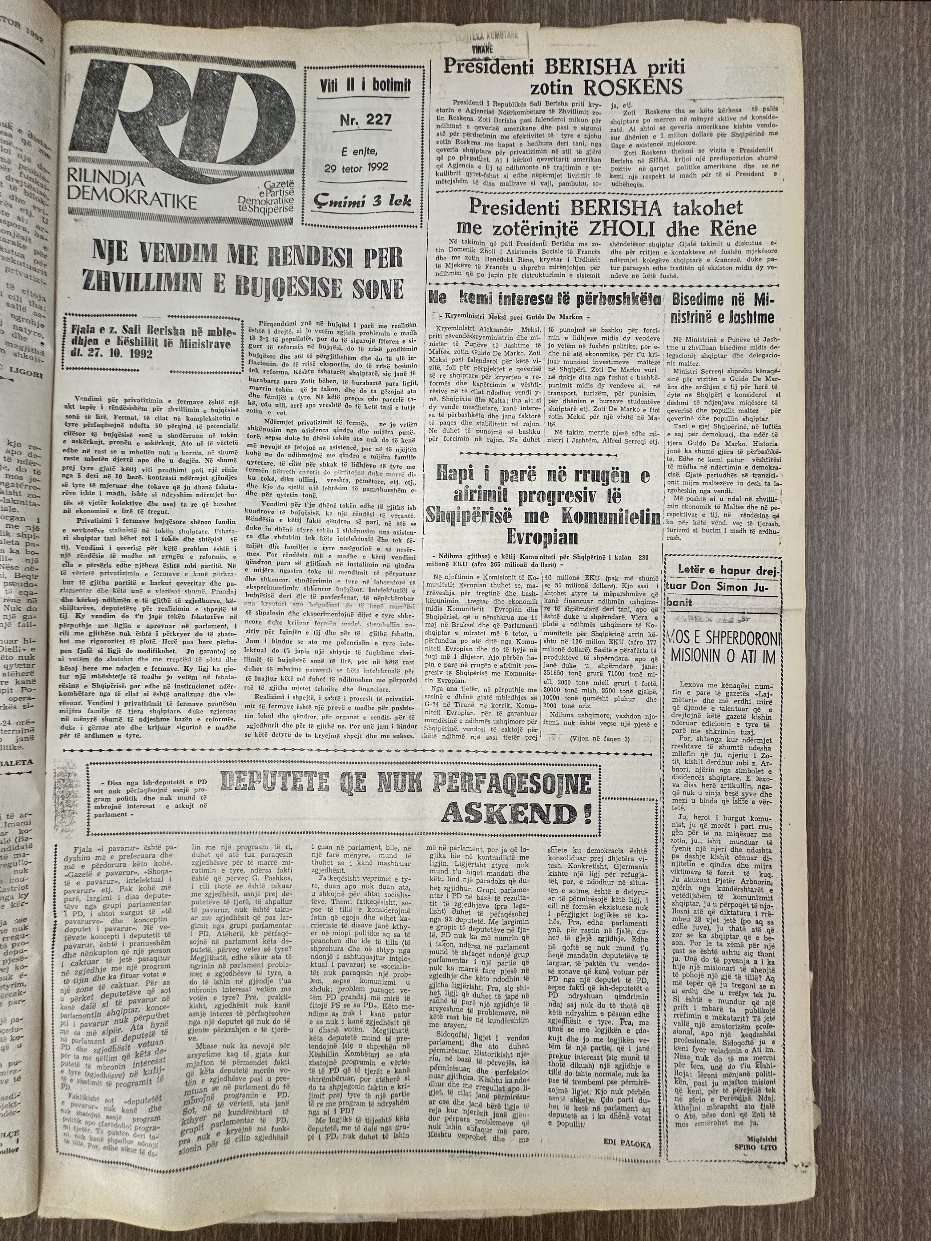 Rilindja Demokratike 1992-10-29