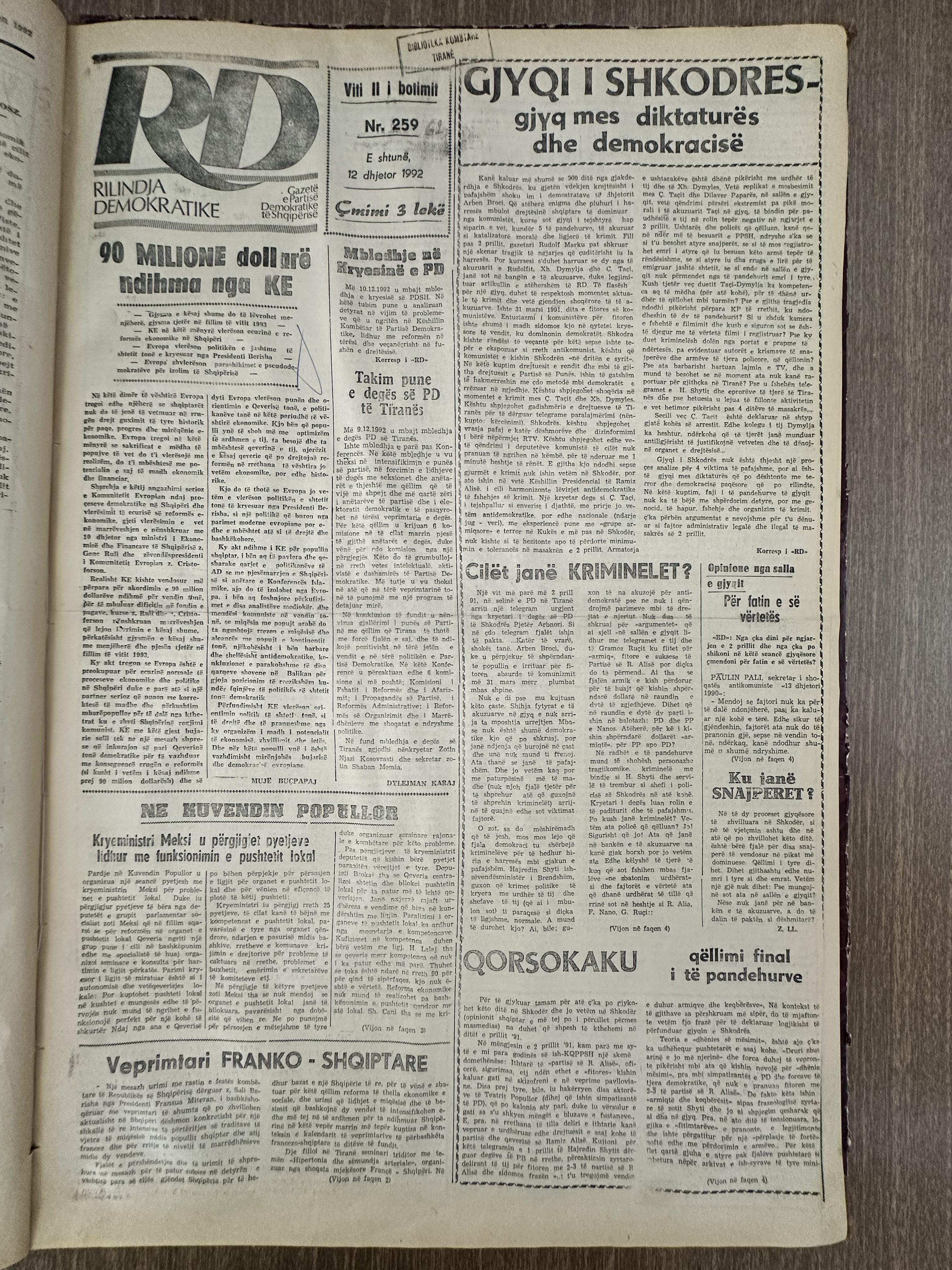 Rilindja Demokratike 1992-12-12