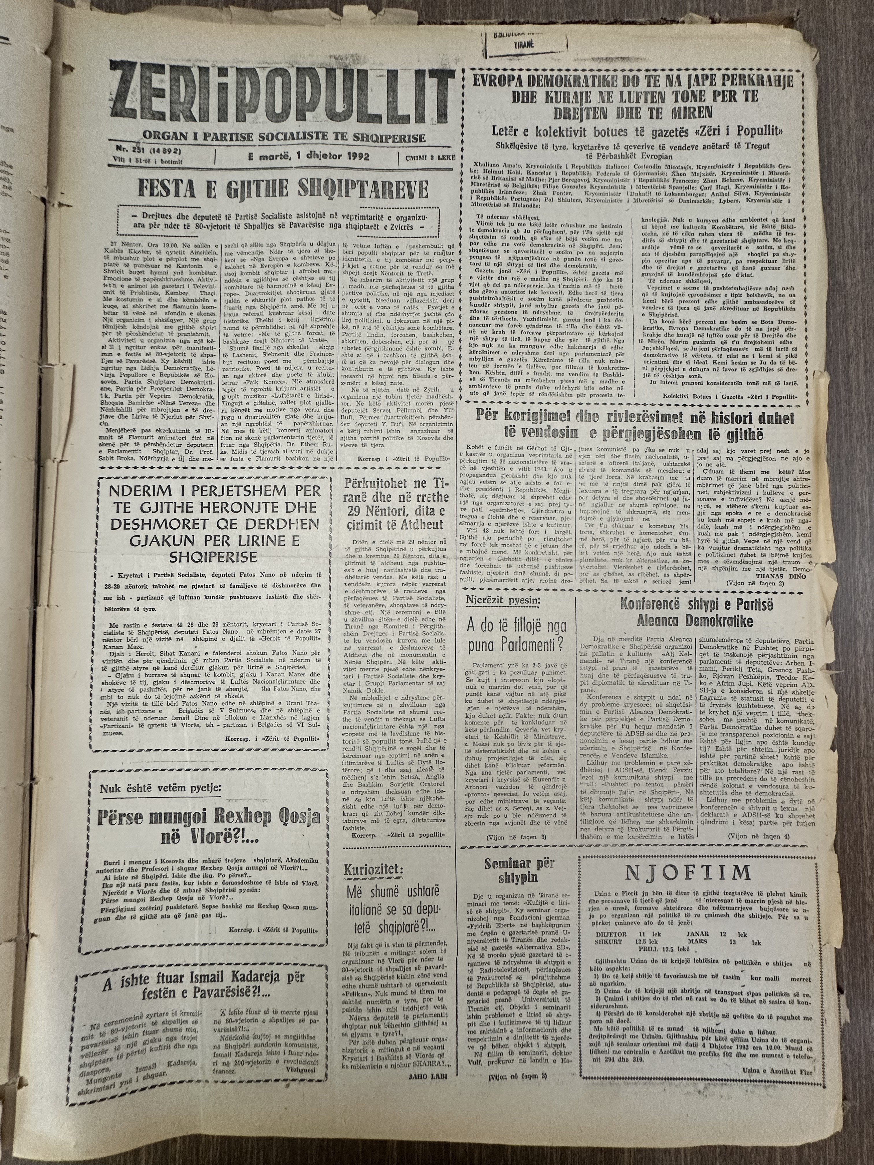 Zëri i Popullit 1992-12-01